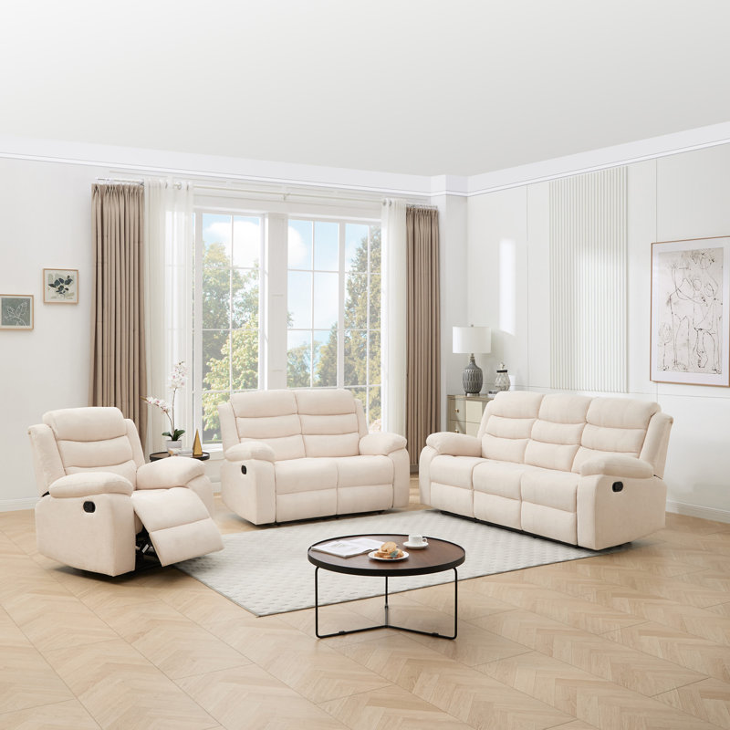 3 Piece Linen Reclining Living Room Set, 6 Seater, Beige