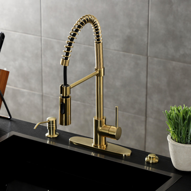 Kingston Brass Concord Single-Handle 1-Hole Deck Mount Pre-Rinse Kitchen Faucet, Brushed Brass