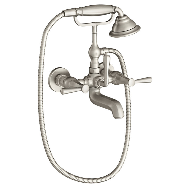 Fitzgerald Lyndon SL Triple Handle Wall Mounted Clawfoot Tub Faucet with Handshower, Brushed Nickel