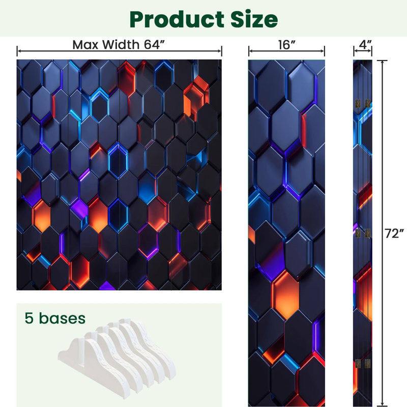 Paravent 4 panneaux à cloison pliable Royal Futuristic Hexagon Neon Glow, 4, H 71 po x l 64 po x P 1 po