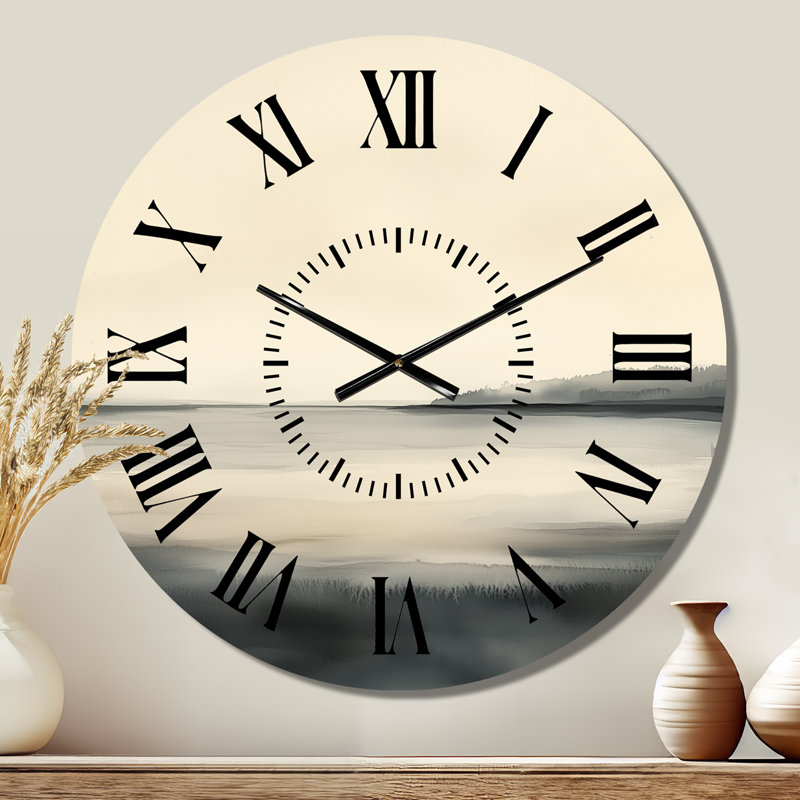 Horloge murale en métal Beige Lake Horizon Calm Nature III - Paysage, silencieuse, Médium