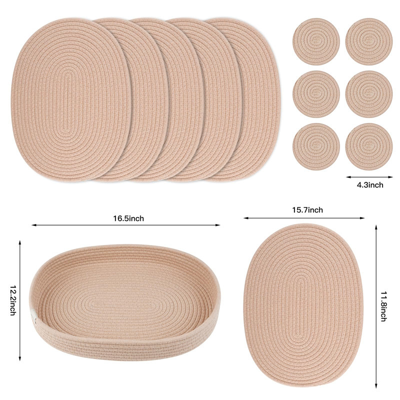 Cotton Blend Oval Placemat And Coaster Set, Brown