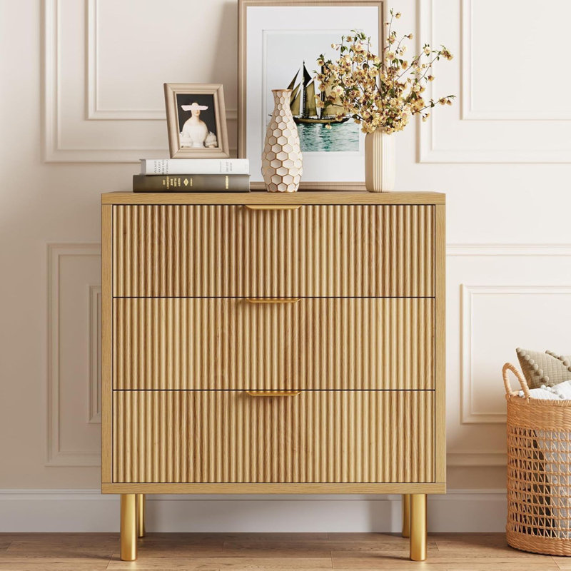 3 Drawer Dresser With Gold Handle And Large Drawer, Beige