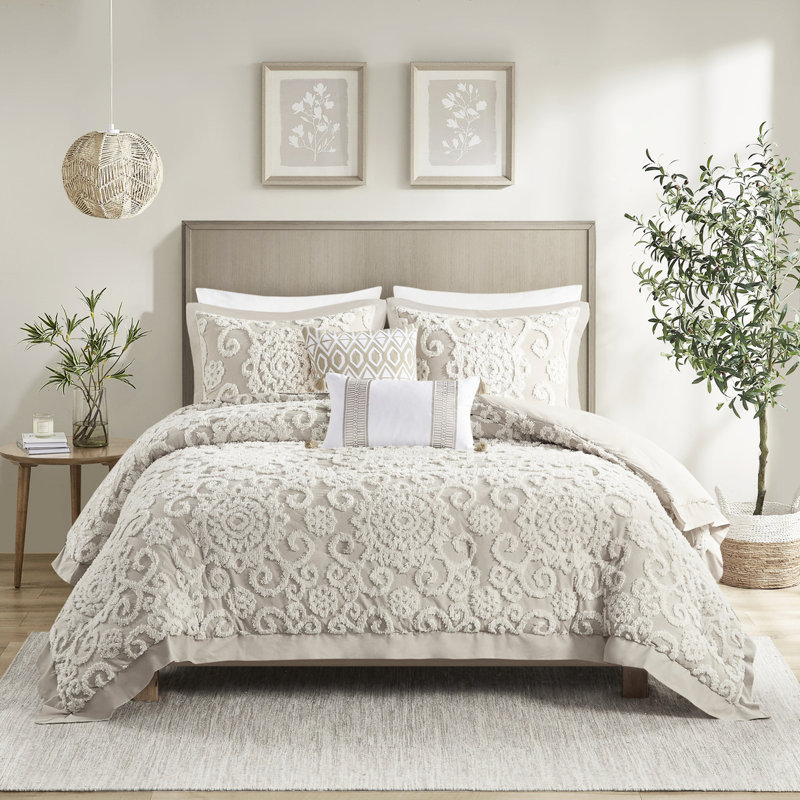 Édredon très grand taupe avec broderie en chenille délicate 100% coton et taupe, magnifique, Taupe