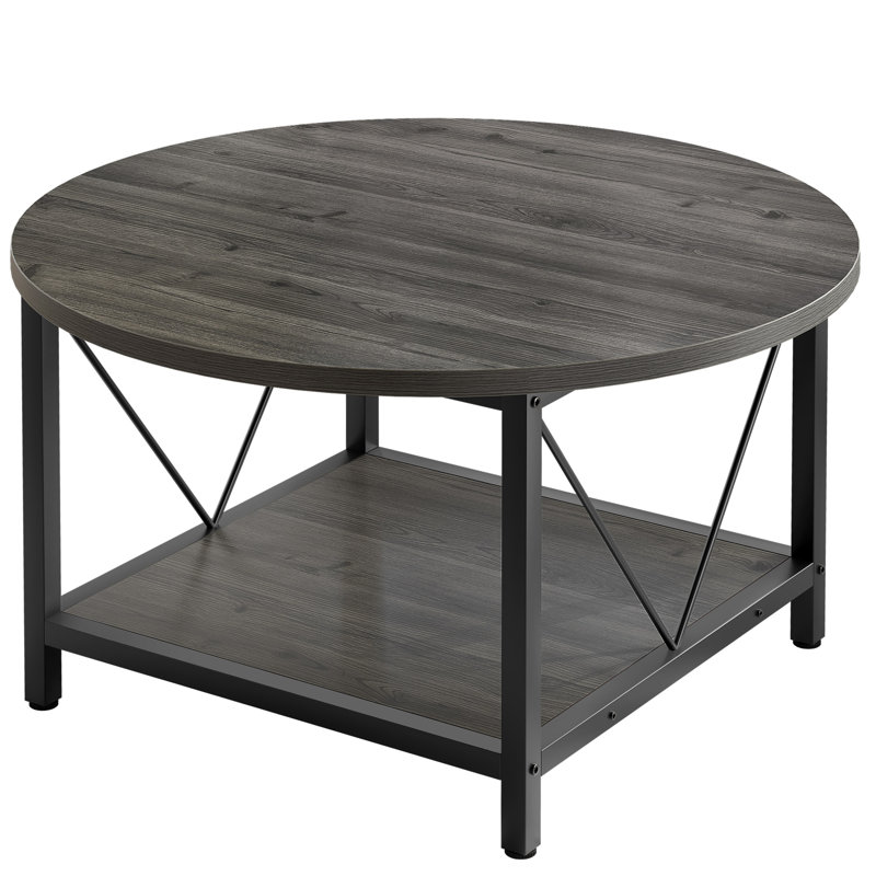 31.5"W Farmhouse Round Coffee Table with Bottom Shelf, V-Shaped Metal Bar Support, Gray Wood