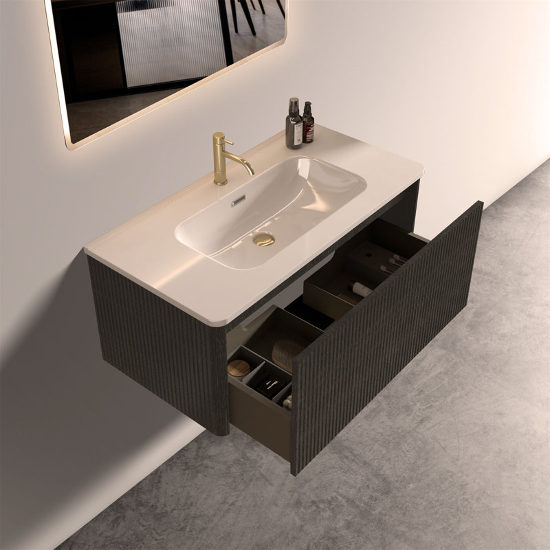 Meuble-lavabo flottant rayé 36 po avec lavabo en céramique blanc 36 po, pré-assemblé, Noir, noir, noir, noir