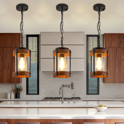1 ‑ Light Farmhouse Rustic Wood‑Look & Matte Black Lantern Pendant Light with Seeded Glass for Kitchen Island, Entryway