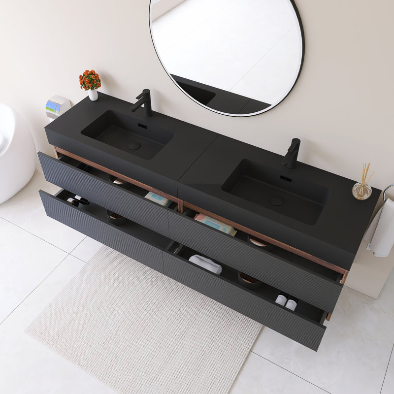 Meuble-lavabo mural 72 po avec lavabo à surface solide noir, 72"