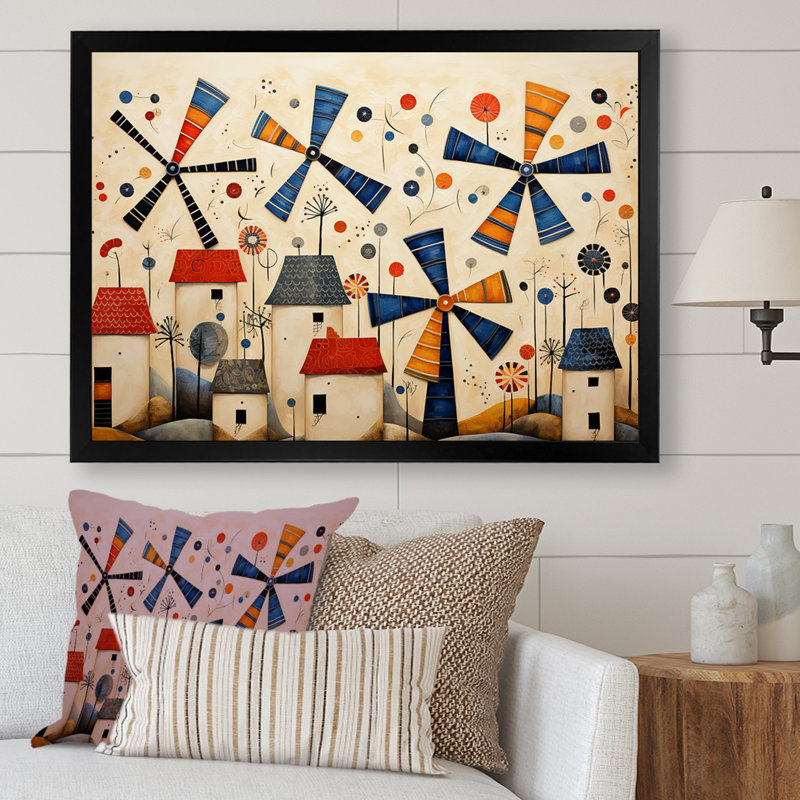 Folk Art Wind Turbines Village IV - Wind Turbines Wall Art, Cadre d'angle fermé noir, H 34 po x l 44 po x P 1,5 po
