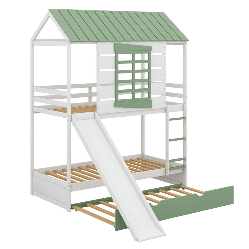 Wooden House Style Twin Over Twin Convertible Bunk Bed With Slide And Trundle