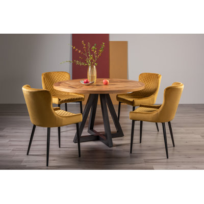 Rustic Oak and Peppercorn Cicrular Dining Table-and-4-Upholstered Arm Chair Quilted With Diamond Stitched Pattern and Sand Black Finish Velvet Fabric (Pair)