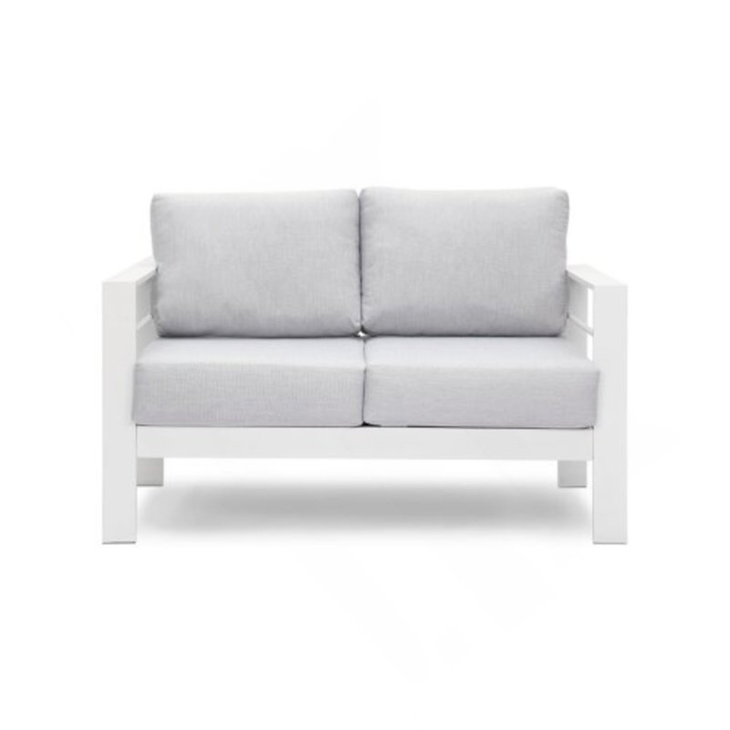 50" All-Weather Aluminum Patio Loveseat With Thick Light Gray Cushions & White Frame, Gray, White