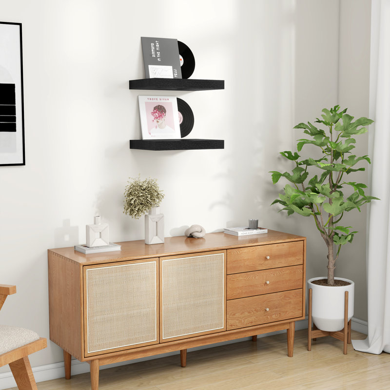Ensemble de 2 tablettes murales flottantes de 9,3 po de profondeur à fixation murale, Noir, 1.5" H x 16" W x 9.3" D
