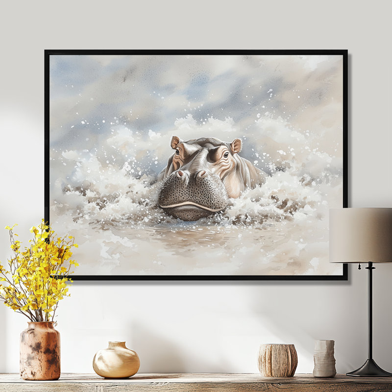 Hippopotame dans la boue - art mural hippopotame, H 12 po x l 20 po, Impression dans un cadre flottant sans passe-parto, Noir