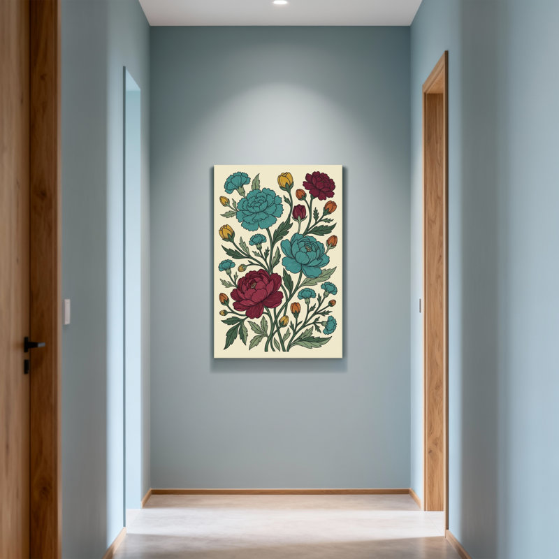 Plantes et fleurs à motif floral bleu sarcelle et rouge, H 18 po x l 12 po