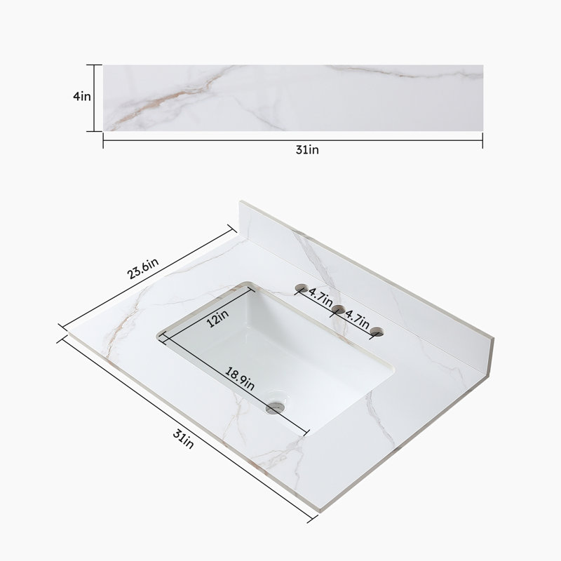 Dessus de meuble-lavabo simple en pierre frittée 31,02 avec 3 trous de robinet