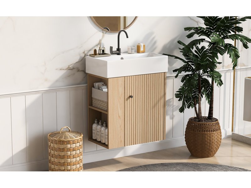 Meuble-lavabo flottant moderne de 21,6 po avec lavabo en céramique - parfait pour les petites salles de bain, rangement à gauche 