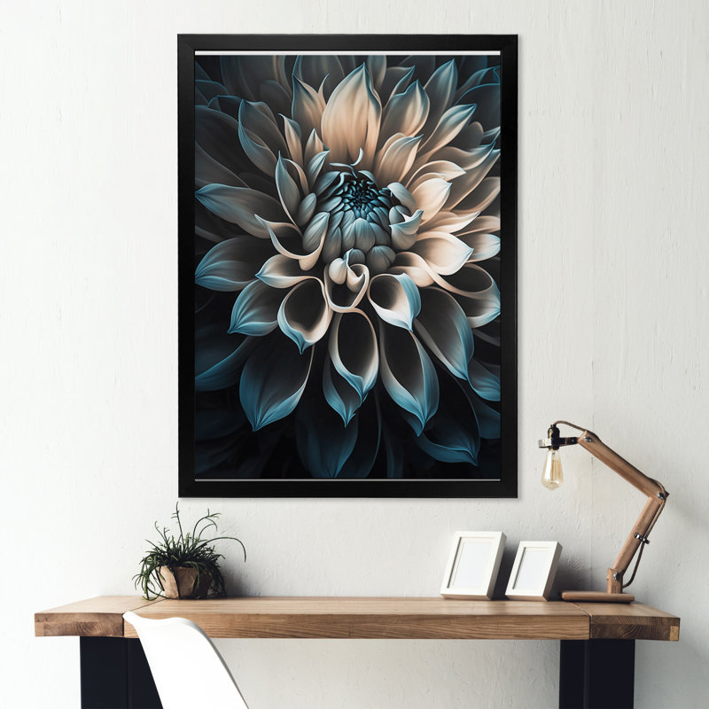 Bleu et blanc fleurs de dahlia III - art mural dahlia, H 20 po x l 12 po, Cadre photo noir