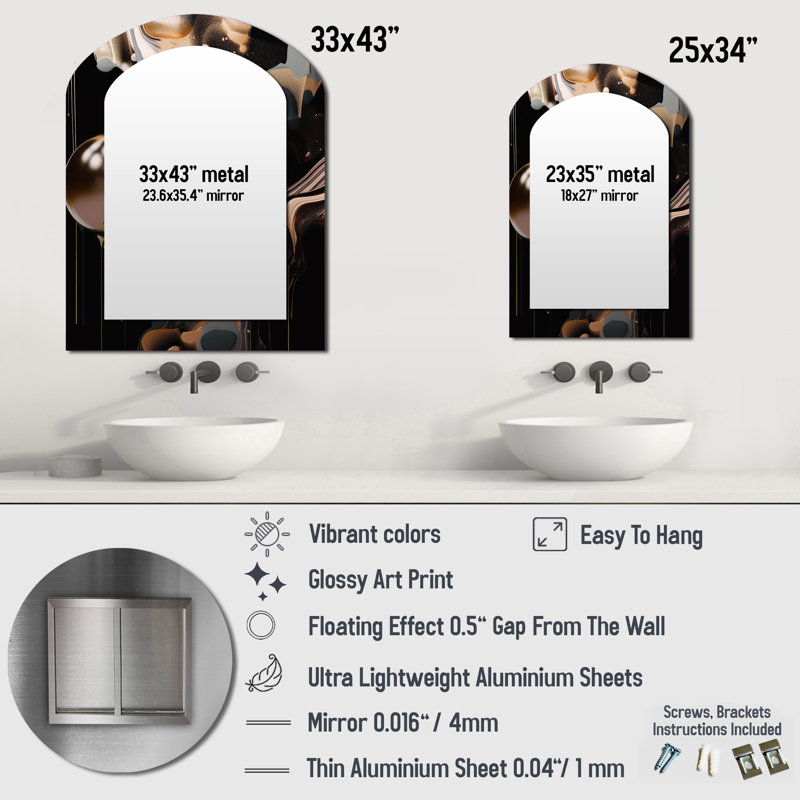 Gold Black Journey Through Marble IV - Marble Asymmetrical Unique Wall Mirror, Modern Arch Mirror, Printed Metal Art