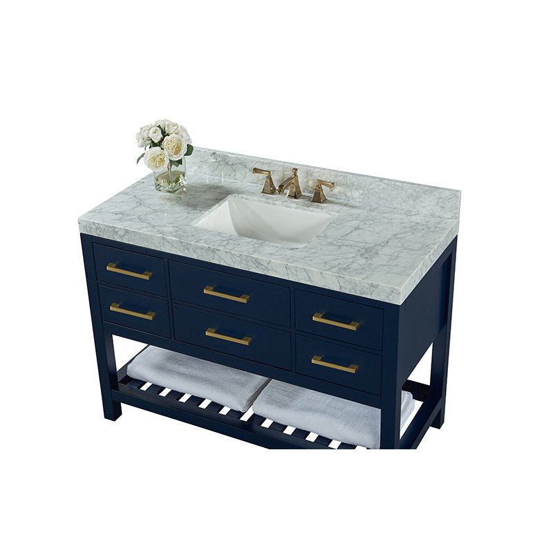 Elizabeth 48'' W Single Vanity, Carrara White Marble, Heritage Blue/Brushed Gold