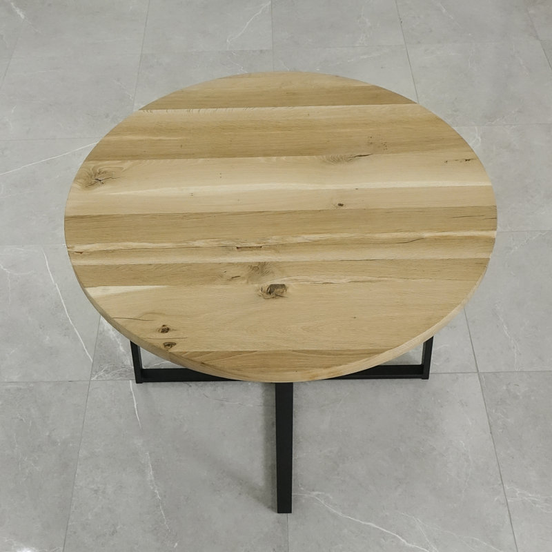 Mardiros Oak Round Solid Wood Top Metal Base Dining Table, Unfinished, 76cm H x 120cm L x 120cm W