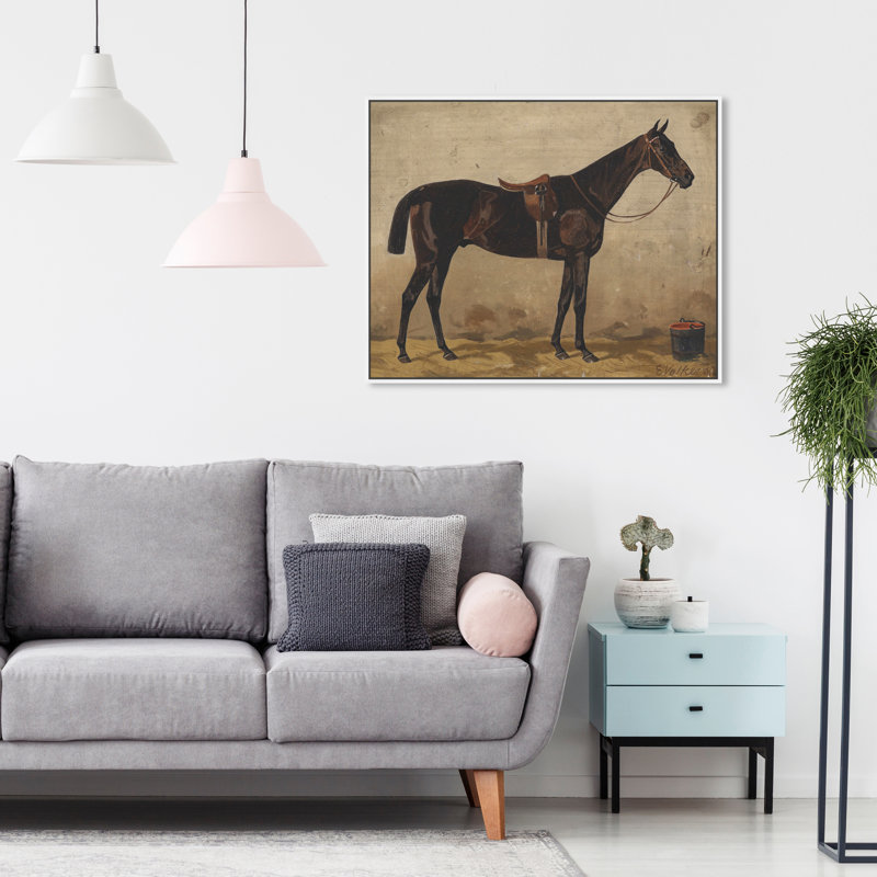 Brauner Im Stall Farm Animals by Emil Volkers - on Canvas, White Framed Canvas, 24" H x 28" W