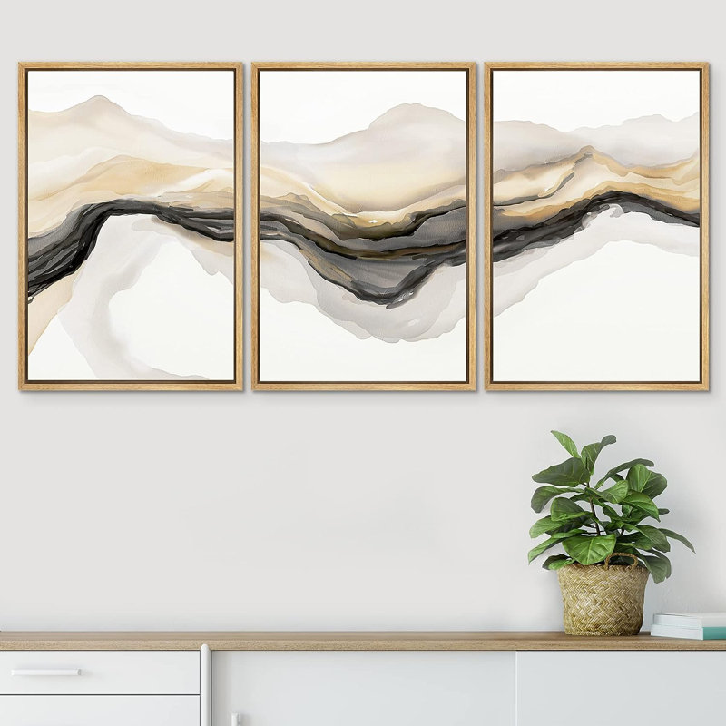 «Smoke Effect», or gris, vague de fumée, paysage, formes abstraites, illustrations encadrées sur toile, 3 pièces