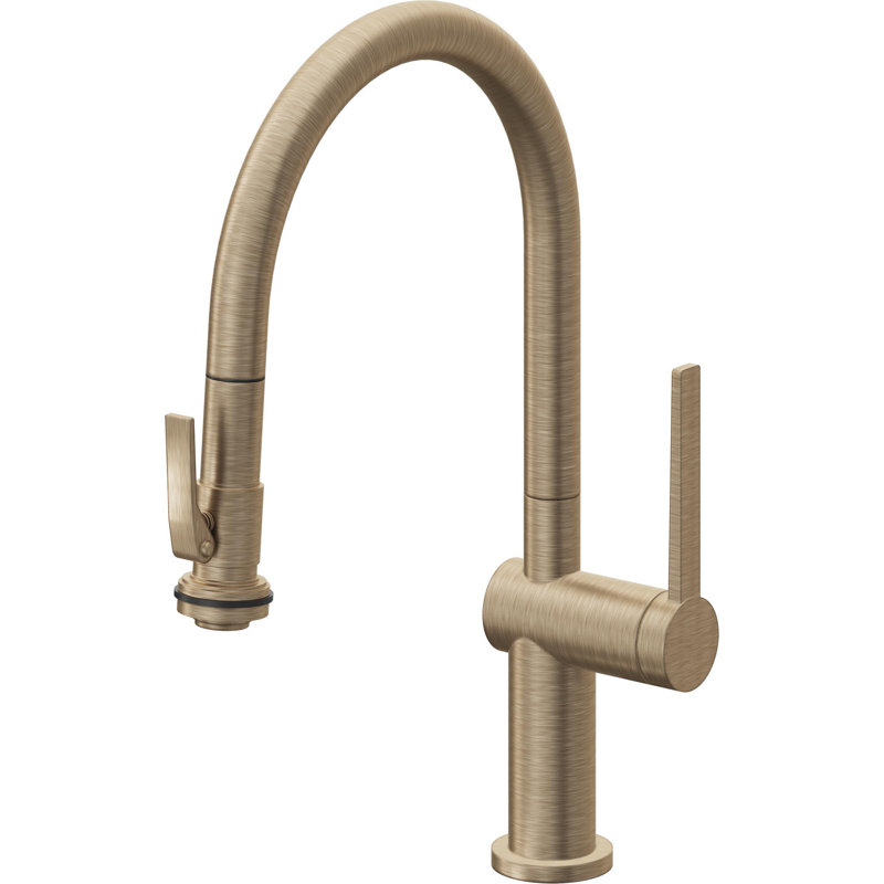 Pull-Down Kitchen Faucet With Squeeze Sprayer - Low Arc Spout, Antique Brass Flat