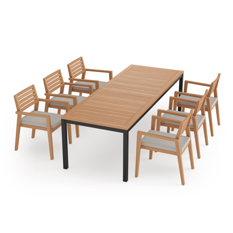 Outdoor Furniture Rhodes 7 Piece Dining Set with 96 in. Table, Natural Teak, Cast Silver Sunbrella®