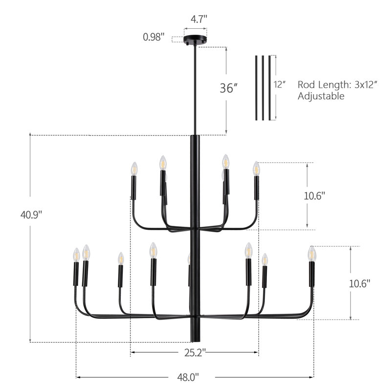 Yanibel 15-Light 2-Tier Minimalist Candlestick Chandelier, Black