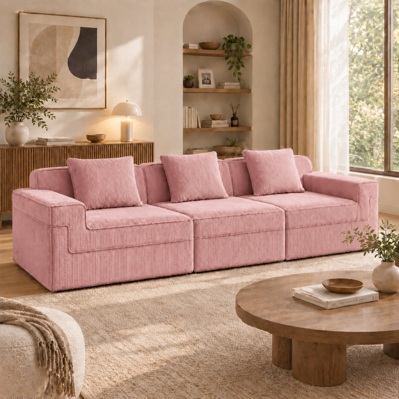 Canapé modulaire sans siège à 3 places, canapé à assise profonde avec revêtement en velours côtelé, coussins décoratifs et mousse haute résilience