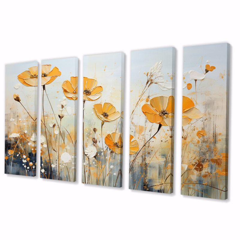 Meadow Blooming Yellow Poppy Flowers V - Décoration murale coquelicots - 5 panneaux égaux