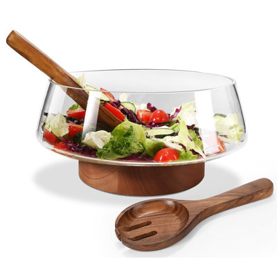 Glass Salad Bowl Set With Wood Base Servers,Big Serving Bowl Elegance Trifle Bowl Glass, Clear