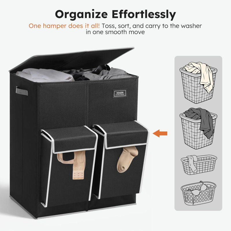 Double panier à linge avec couvercle, 47,8 gallons (180L) grand panier à linge 2 sections avec 2 poches latérales, panier à linge sale avec sac amovible, facile à transporter pour la salle de lavage, chambre à coucher, noir