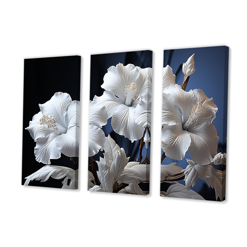 White Hibiscus Flowers Illuminated By Moonlight - Hibiscus Canvas Wall Art Set, 28" H x 36" W x 1" D