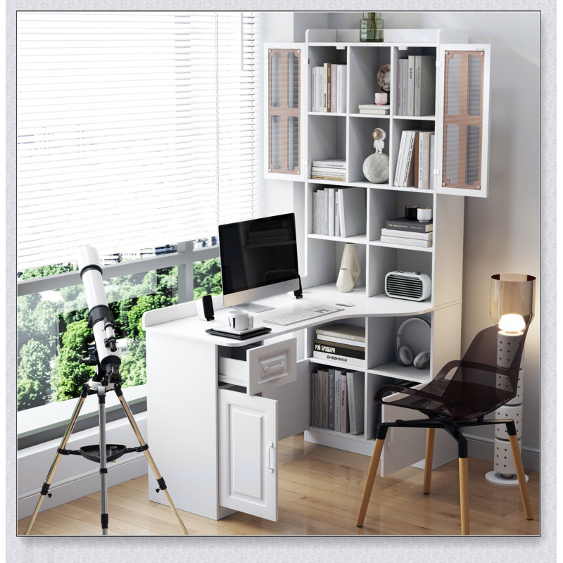 Bureau d'ordinateur de coin en L pour bureau à domicile ou bureau, style moderne avec tiroirs, bibliothèque et huche, conception 2 en 1, grand espace de travail