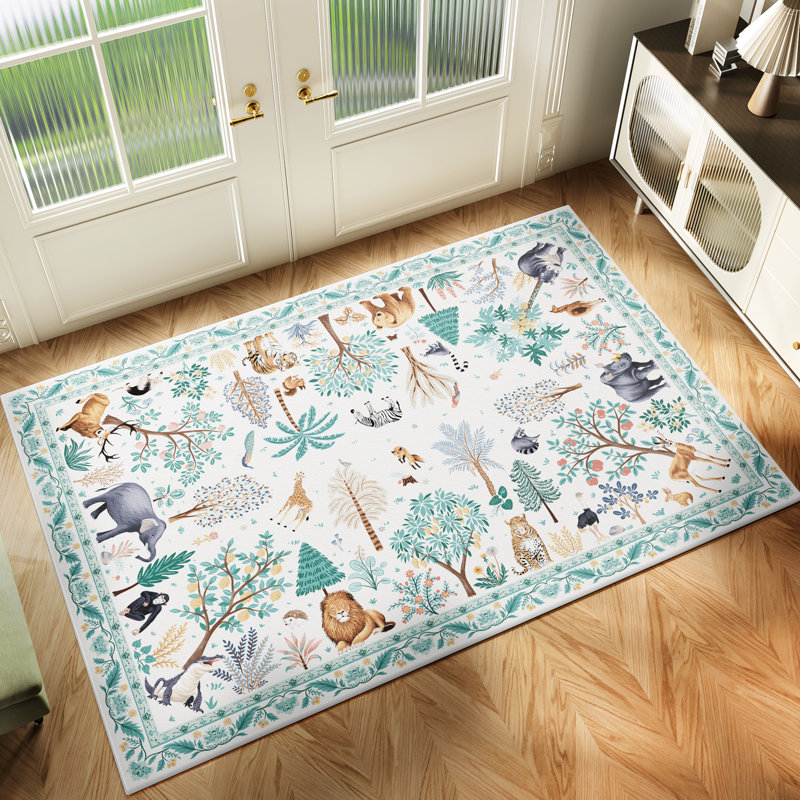 Washable Low Pile Jungle Animal Print Kids Area Rug With Non-Slip Backing, Beige, Rectangle 2' x 3'