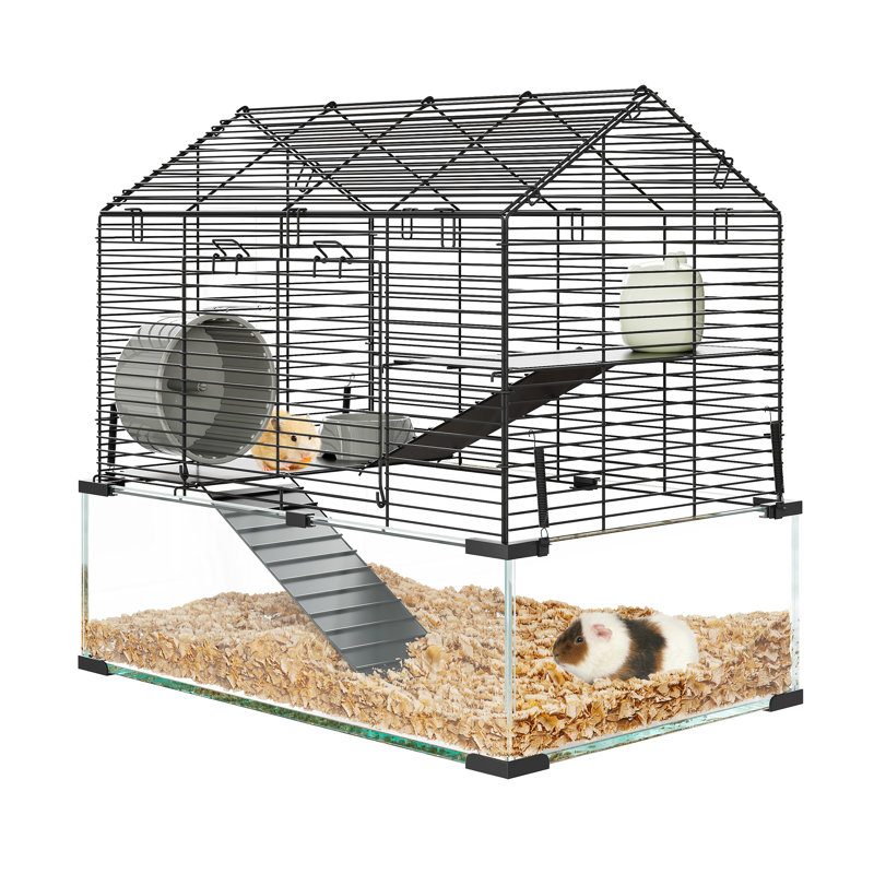 Grande cage à hamster en verre à 3 niveaux avec fond en verre trempé profond - Habitat spacieux, accessoires, roue de course - Enclos pour hamsters syriens, nains, souris, rat