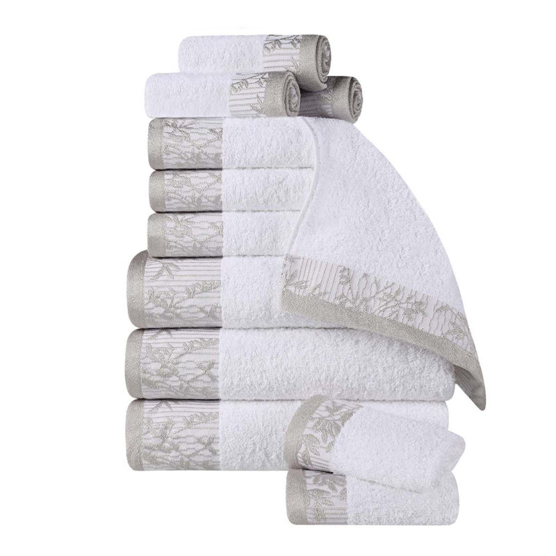 Ensemble de serviettes de bain en coton de poids moyen à bordure florale en jacquard pour la salle de bain Carinna, Blanc