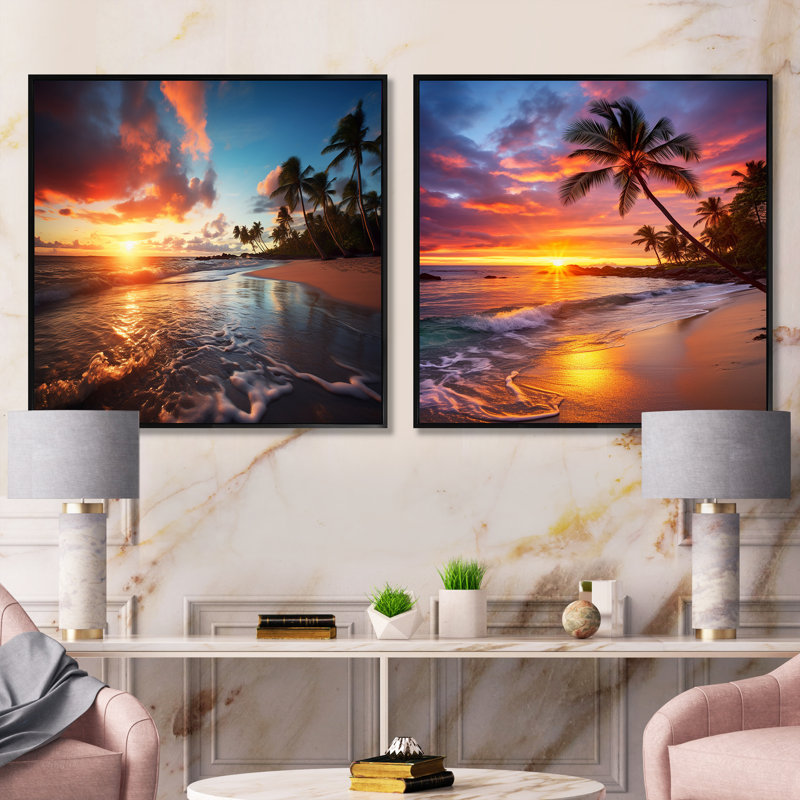 2 Pieces on Canvas - Beach Sunset Beach, Black Floater Framed, 16" H x 33" W