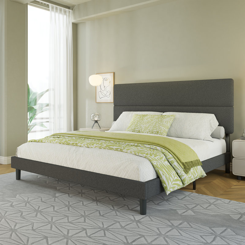 Structure de lit tapissier avec tête de lit réglable de 50 po Boucle, gris, Grand, gris