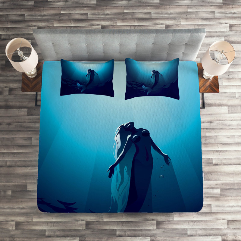 King Size Blue Mermaid Quilted Bedspread Set with Shams