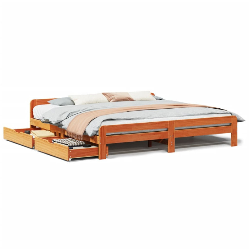 Solid Wood Storage Bed, 200 x 200cm, Wax Brown