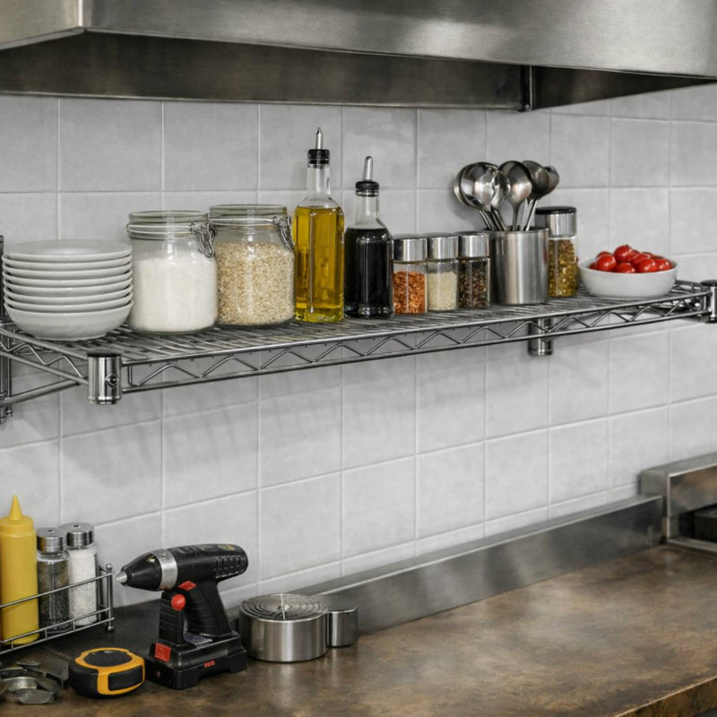 Tablette de rangement murale robuste en fil de chrome H 24 po x l 48 po x P 48 po Express KitchQuip pour usage commercial