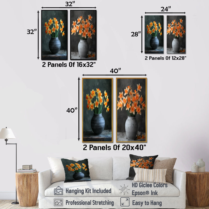 Ensemble de 2 jonquilles monochromes jaunes et orange dans un pot gris I - Jonquilles, H 28 po x l 24 po, Impression encadrée