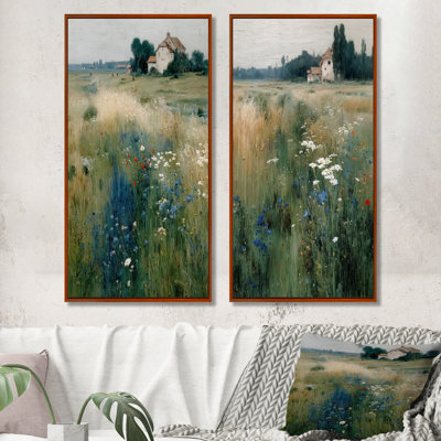 Farmhouse In The English Meadows - Countryside Framed Art, Blue Farmhouse 2 Piece Wall Decor