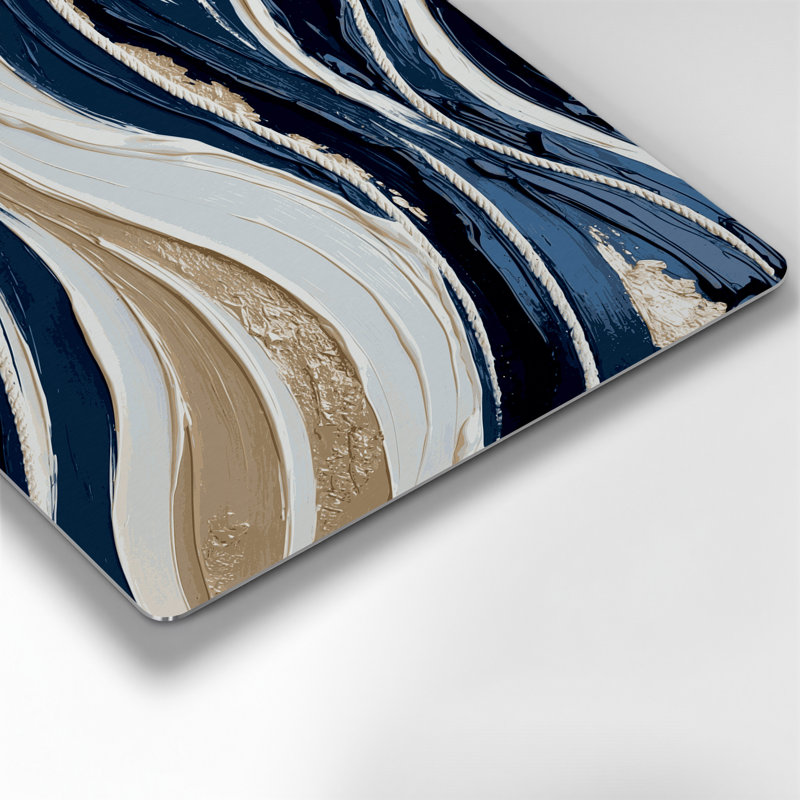Art mural horizontal rayé bleu marine en métal crème, H 24 po x l 36 po