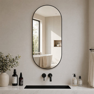 48" x 24" Black Framed Bathroom Mirror, HD Glass, Vertical/Horizontal Hanging, Modern