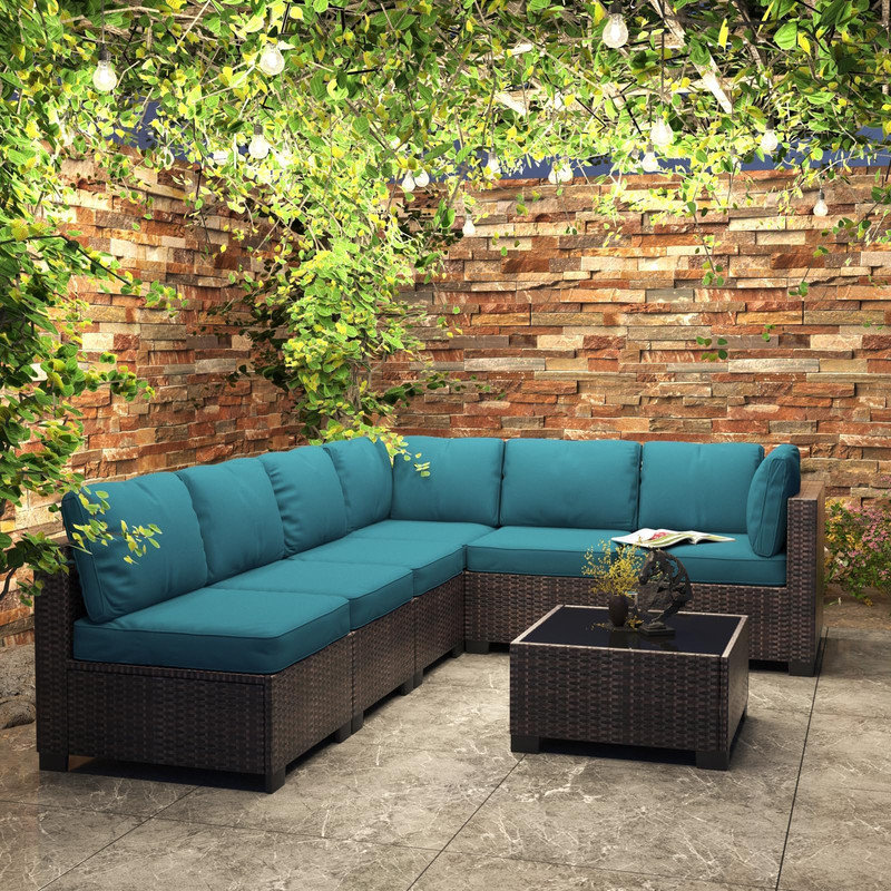 7-Piece Outdoor Wicker Sectional Set with Coffee Table & Cushions – Dark Brown / Peacock Blue, Blue, Brown Wood