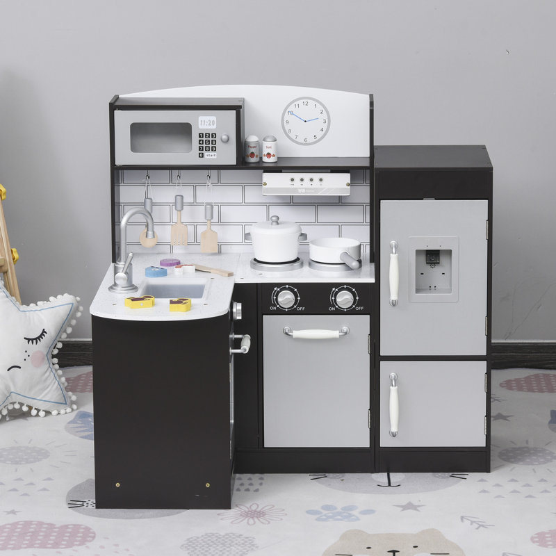 Qaba Play Kitchen, Kids Kitchen Playset with Microwave Fridge, Dark Brown, Black